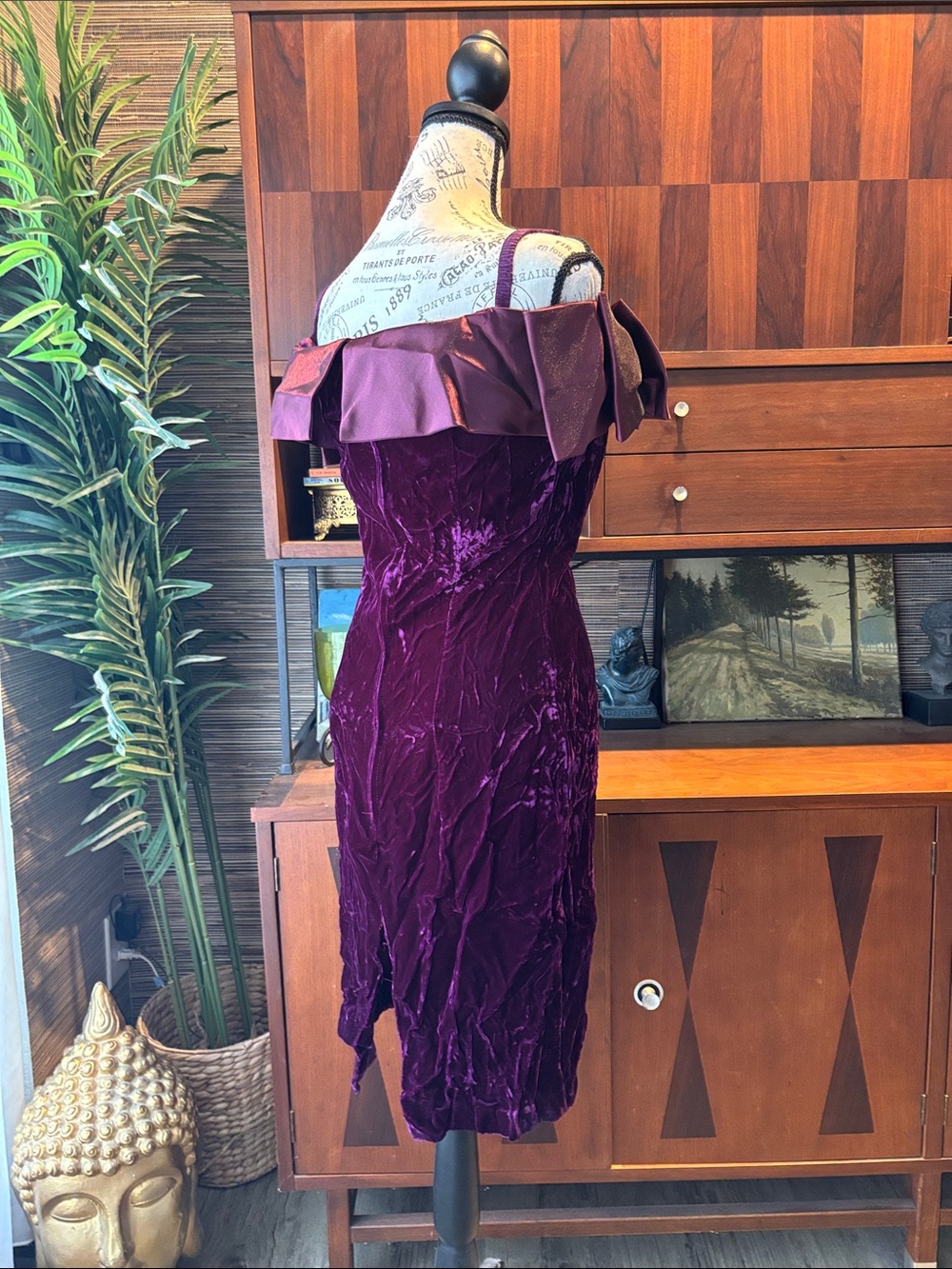 Elegant Purple crushed Velvet Off-Shoulder vintage strappy 80s Bow Dress - Picture 4 of 6